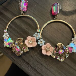 Pink and Gold Floral Hoop Earrings with Crystal Accents